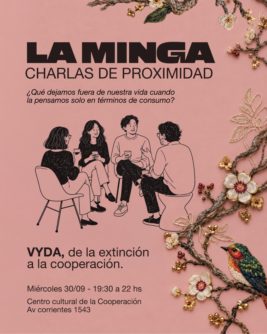 Personas conversando rodeadas de flores textiles, detalle de la pieza visual de La Minga